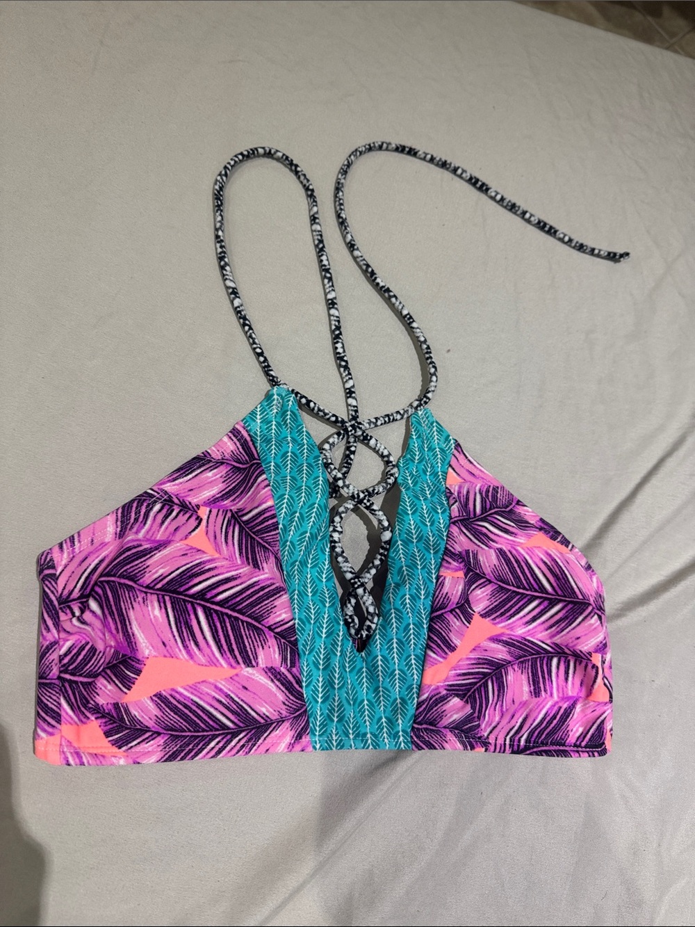 Hula Honey Pink Tropical Leaf Halter Bikini Top with Teal Center